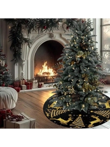 Detail of black Christmas tree skirt featuring golden reindeer and snowflakes pattern