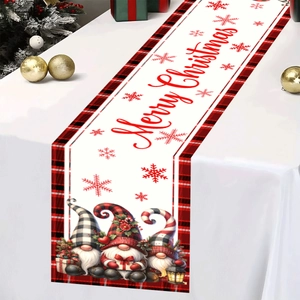 Christmas table runner with red plaid border, festive gnomes, and Merry Christmas text