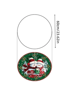 Detail view of a 60cm Christmas tree skirt with snowman, cocoa, and pine branch design