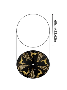 Detailed view of black 60cm Christmas tree skirt with golden reindeer and snowflake motifs