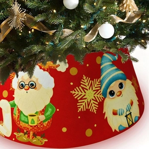 Jupe de sapin de Noël rouge avec Père Noël, nain et flocons de neige dorés