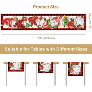 Christmas gnome table runner with red plaid border and snowflakes, size 180x35cm