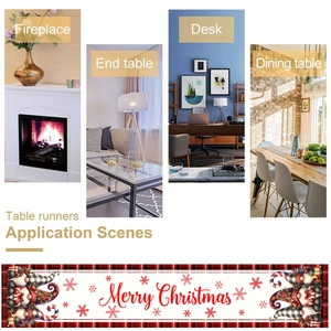 Merry Christmas table runner with red plaid gnomes design for dining and home decor