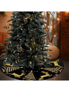 Detail of black Christmas tree skirt featuring golden glitter deer and snowflake patterns