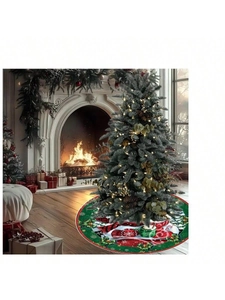 Detail of Christmas tree skirt with festive snowman, hot cocoa, and candy cane pattern