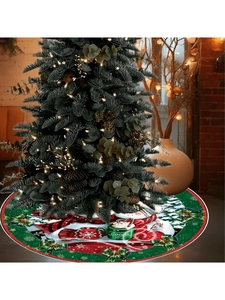 Detailed pattern of a Christmas tree skirt featuring a snowman and festive hot cocoa