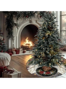 Detail of Christmas tree skirt featuring African American angel with white wings and red flowers