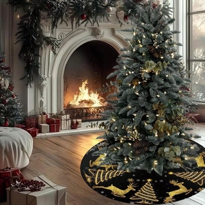 Black Gold Christmas Tree Skirt Polyester Reindeer Snowflake Pattern Round Festive Holiday Tree Base Cover For Home Party Decoration