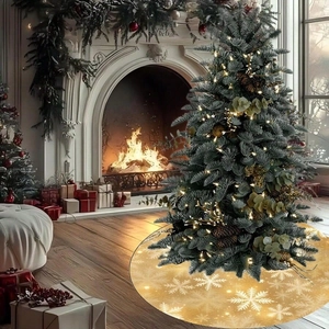 Golden Christmas tree skirt with white snowflake patterns in a cozy holiday home setting