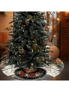 Detailed view of angel wing Christmas tree skirt with festive floral crown and starry design
