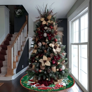 Christmas Tree Skirt Green Red Circular Holiday Decoration With Snowman Hot Cocoa Candy Cane Pattern For Christmas Home Decor