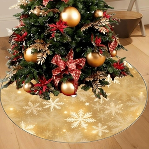 Golden Christmas tree skirt with glitter snowflake patterns for elegant festive holiday decor
