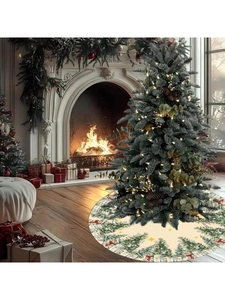 Vue détaillée du tapis de sapin de Noël beige avec motifs festifs d'arbres et d'étoiles
