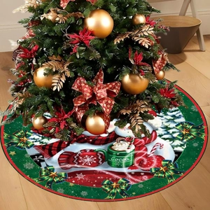 Round red Christmas tree skirt featuring a snowman and cocoa design on light wood floor