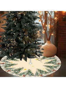 Détail du tapis de sapin de Noël beige avec motifs festifs de lapin, pin et étoiles