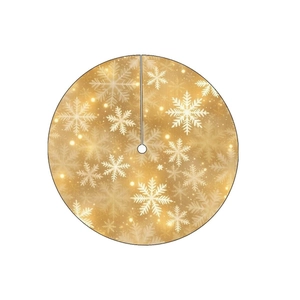 Golden Christmas tree skirt featuring sparkling snowflake patterns for holiday decoration