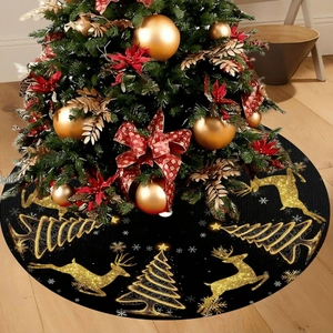 Elegant black Christmas tree skirt with gold glitter reindeer and snowflake patterns