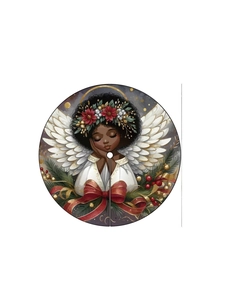 Detailed view of Christmas tree skirt featuring a graceful angel with wings and red floral crown
