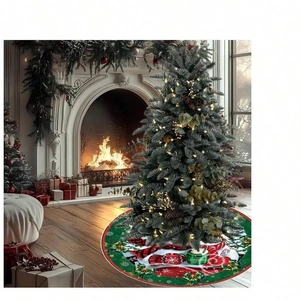 Green Christmas tree skirt featuring snowman hot cocoa and candy canes for festive home decor