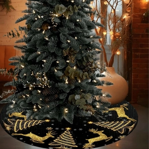 Elegant black Christmas tree skirt with golden glitter reindeer and snowflake patterns