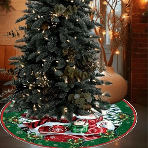 Christmas tree skirt featuring snowman hot cocoa and candy canes in festive red and green
