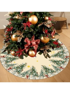 Détail du tapis de sapin de Noël beige avec motifs de sapins festifs et d'étoiles