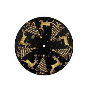Elegant black Christmas tree skirt with gold glitter reindeer and snowflake patterns