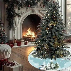 Blue Christmas tree skirt with snowman and winter scenery decoration for home