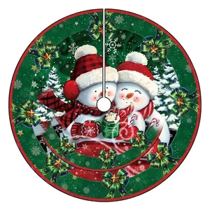 Festive round Christmas tree skirt with snowman couple holding cocoa and candy cane design