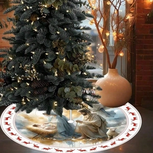 Nativity Scene Reindeer Pattern Printed Polyester Christmas Tree Skirt Round Decorative Holiday Floor Mat For Home Party