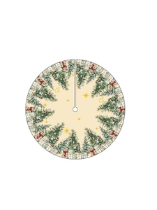 Détail du tapis de sapin beige avec texte JOY festif et motifs de lapins mignons