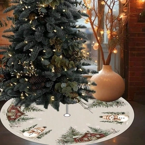 Winter village scene Christmas tree skirt with red cabins and snowmen on cream base