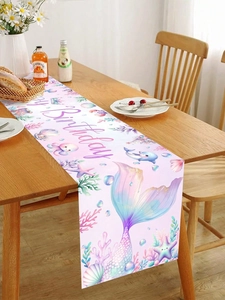 Detail of Mermaid Happy Birthday table runner with sea scales and marine life patterns