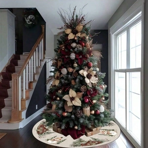 Classic round Christmas tree skirt with red cabin snow scene and snowflake patterns