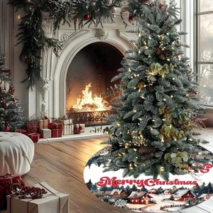 Round white Christmas tree skirt with red village snow scene and Merry Christmas text