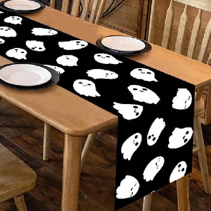 Halloween Ghost Pattern Table Runner Polyester Black White Cartoon Spirit Table Cloth Festive Party Home Dining Decoration
