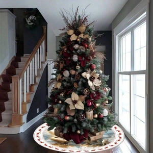 Round Christmas tree skirt featuring festive reindeer pattern and winter forest landscape