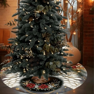 Christmas tree skirt with angel wings and red floral design for holiday decor