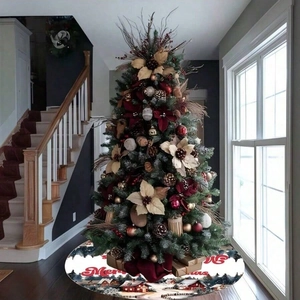 Christmas tree skirt with snow house and forest scene on white fabric base