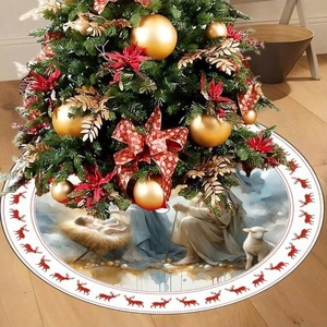 Nativity scene Christmas tree skirt with reindeer pattern on wooden floor decoration