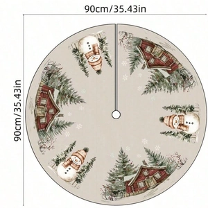 Christmas tree skirt with red cabin and snowman scene, 90cm diameter festive decoration