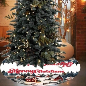 Merry Christmas tree skirt with snowy village huts and pine forest printed on white fabric