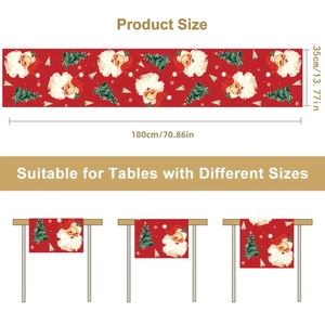Red Christmas table runner 180x35cm with Santa and Xmas trees patterns on white background