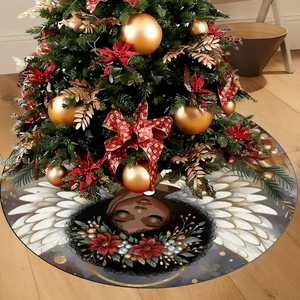 Christmas tree skirt with black angel and white wings pattern on dark grey base