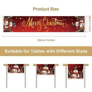 Christmas snowman table runner with red festive background and golden merry christmas text