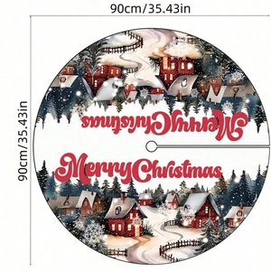 90cm Christmas tree skirt with snowy village scene and Merry Christmas print