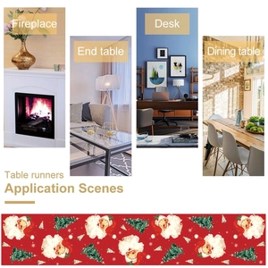 Christmas Santa and Tree table runner shown on a fireplace, desk, and dining table