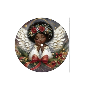 Christmas tree skirt with African angel, red bow and pine needle floral patterns