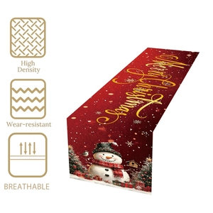Red Christmas table runner with snowman, trees and Merry Christmas text decor