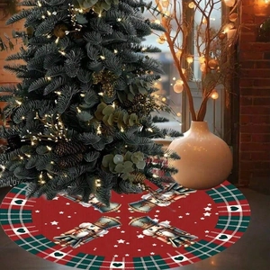 Nutcracker Soldier Pattern Christmas Tree Skirt Red Plaid Round Floor Mat Home Holiday Party Decoration Bottom Cover Decor
